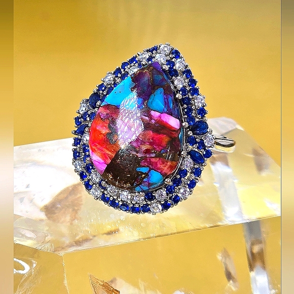 925 Sterling Silver Ring Sz 7.5 with Mohave Oyster Turquoise & Nano Crystals - Picture 11 of 12